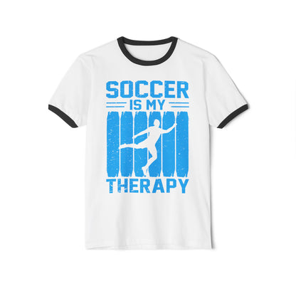 Soccer Therapy Unisex Cotton Ringer T-Shirt - Casual Tee for Athletes, Soccer Lovers, Sports Fans, Workout Gift, Fitness Apparel