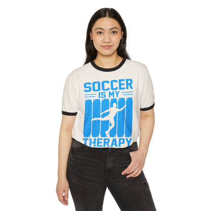 Soccer Therapy Unisex Cotton Ringer T-Shirt - Casual Tee for Athletes, Soccer Lovers, Sports Fans, Workout Gift, Fitness Apparel