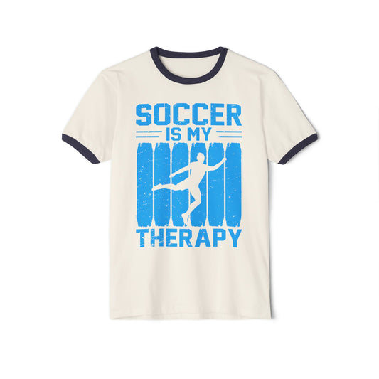 Soccer Therapy Unisex Cotton Ringer T-Shirt - Casual Tee for Athletes, Soccer Lovers, Sports Fans, Workout Gift, Fitness Apparel