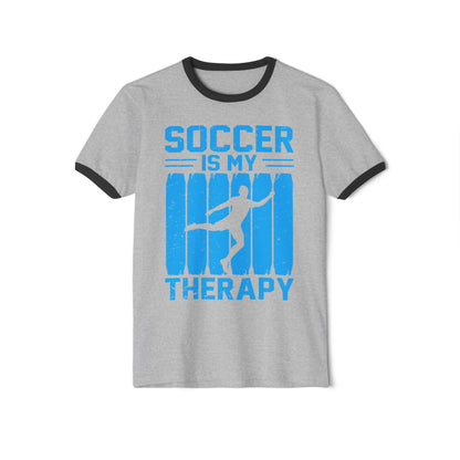Soccer Therapy Unisex Cotton Ringer T-Shirt - Casual Tee for Athletes, Soccer Lovers, Sports Fans, Workout Gift, Fitness Apparel